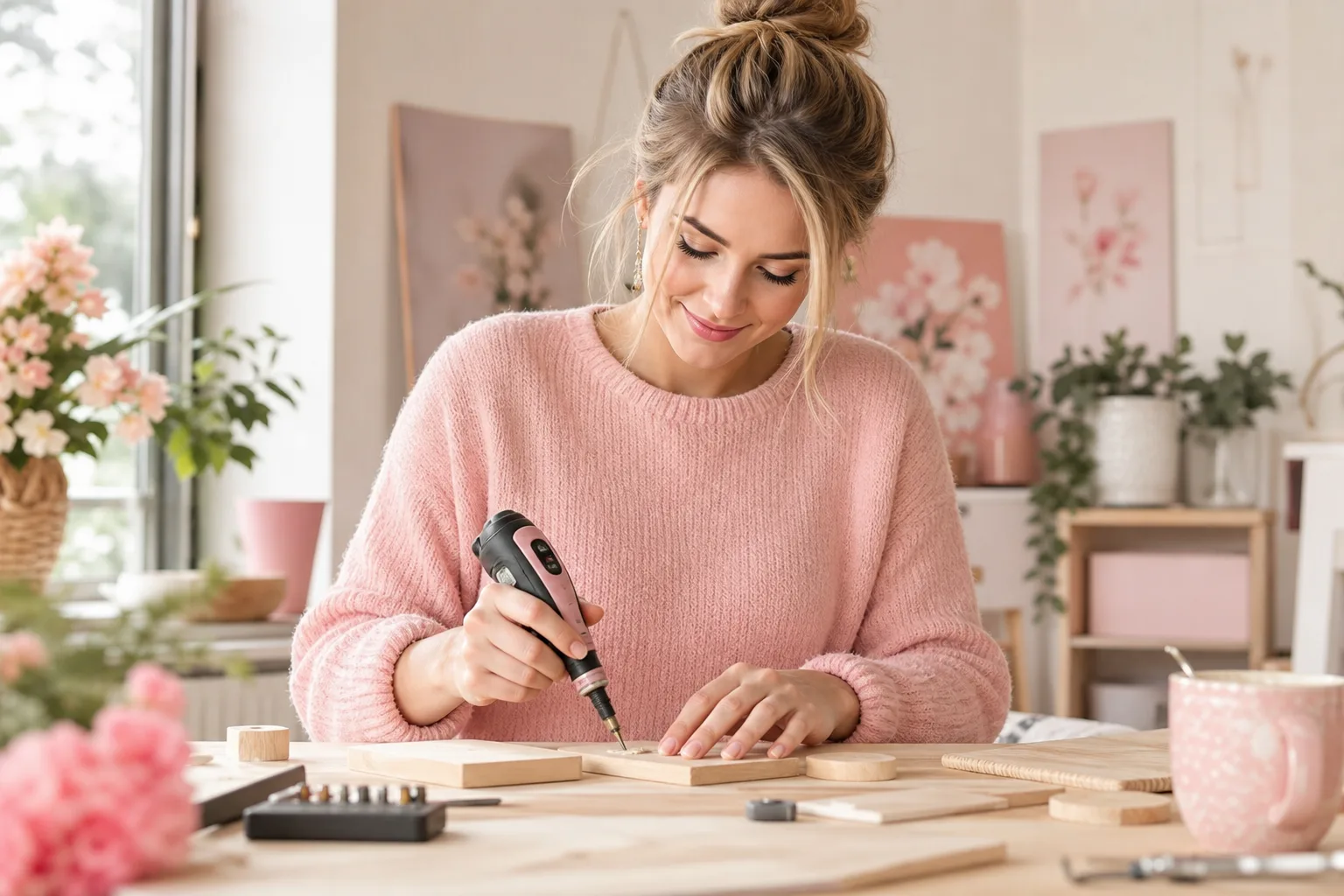 Mini perceuse de précision avec forets et accessoires de ponçage posée sur un établi de bricolage à domicile.