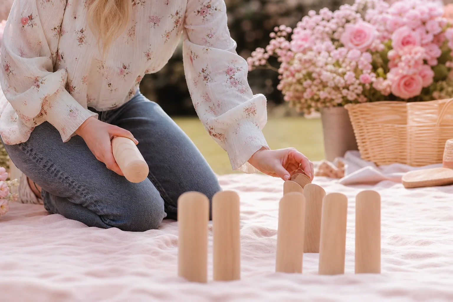 Partie de Mölkky en extérieur avec quilles numérotées et bâton de lancer posés sur l’herbe.