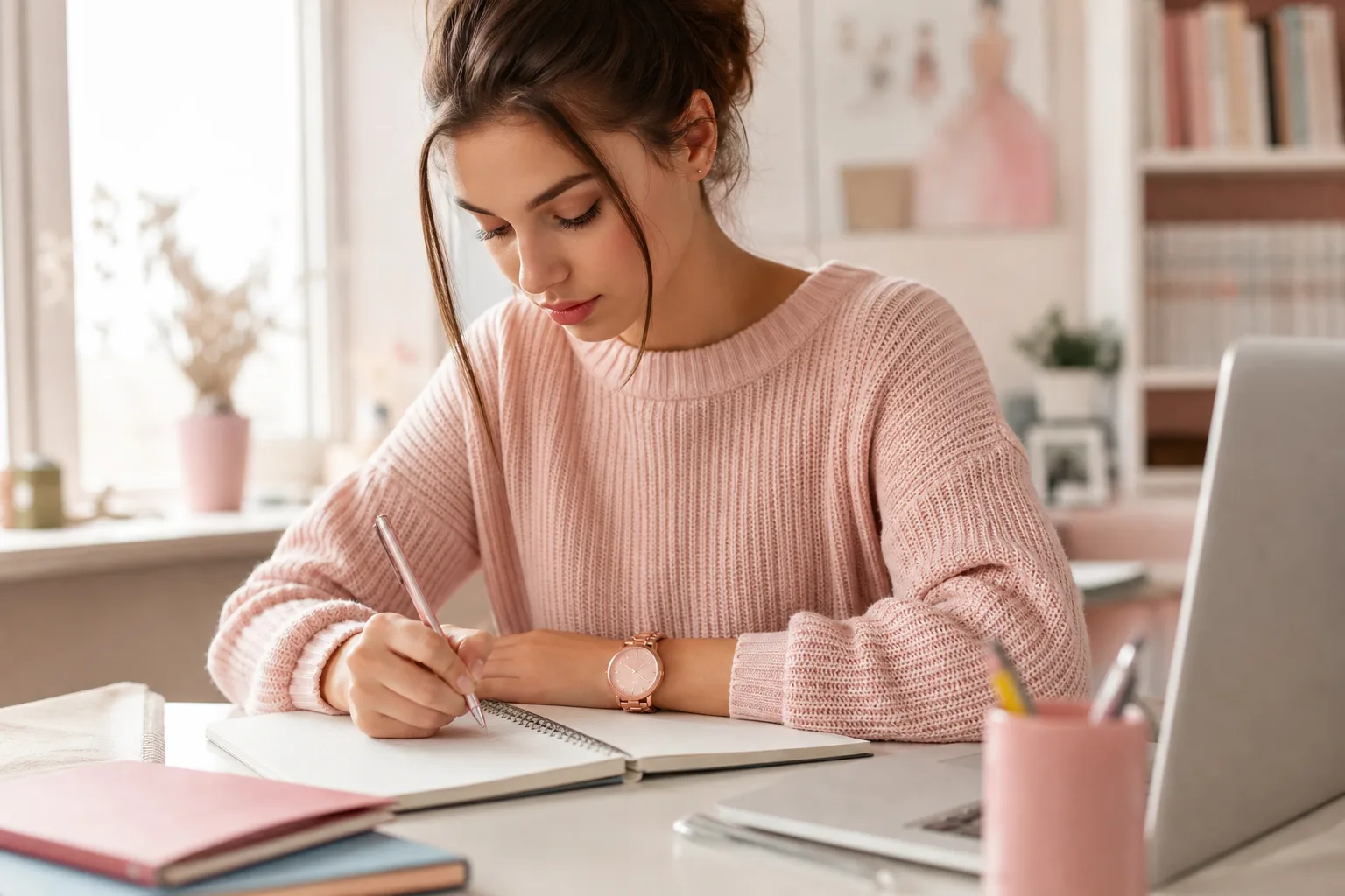 Étudiante portant une montre minimaliste à bracelet en acier avec une tenue casual chic sur un campus.