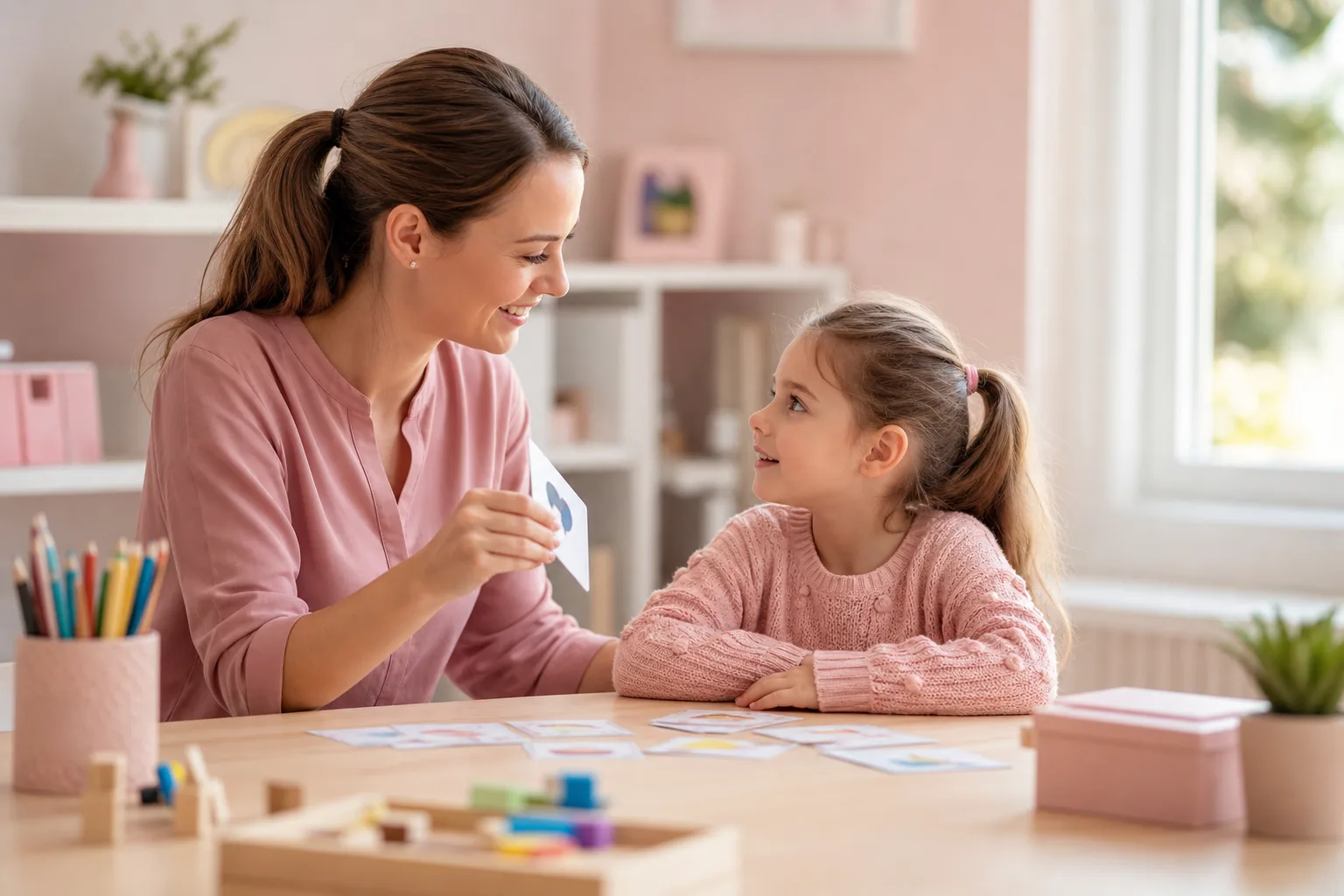 Parent et enfant échangeant avec une orthophoniste dans un cabinet chaleureux, autour de jeux et de cartes illustrées.