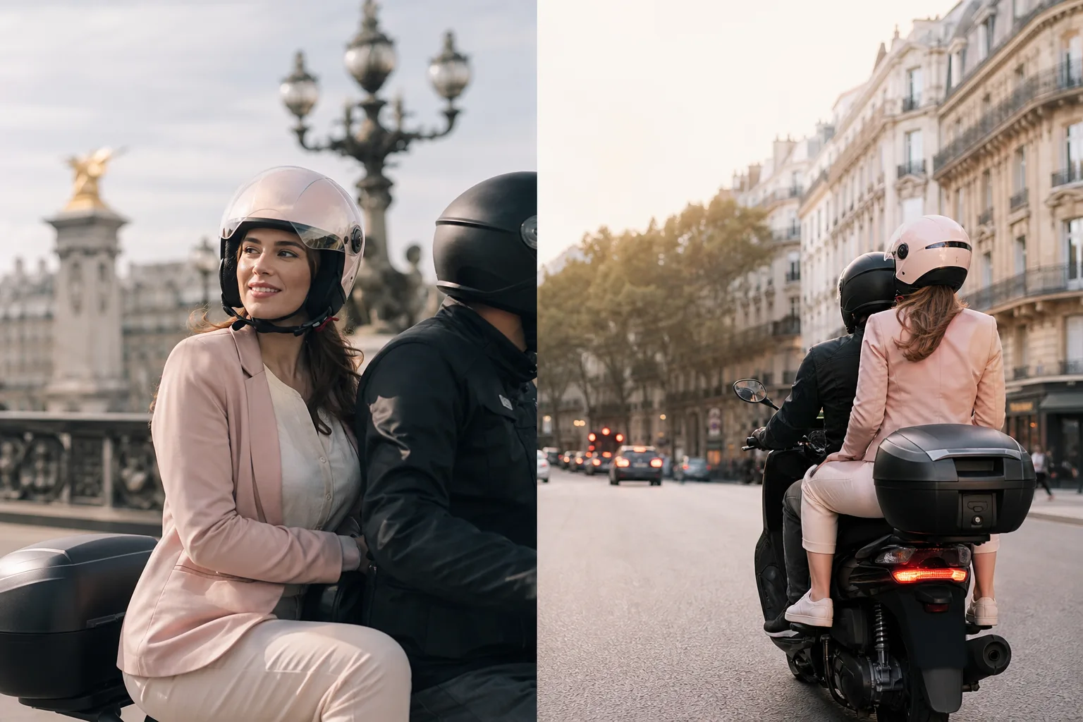 Passagère équipée d’un casque montant à l’arrière d’une moto taxi dans une rue de Paris.