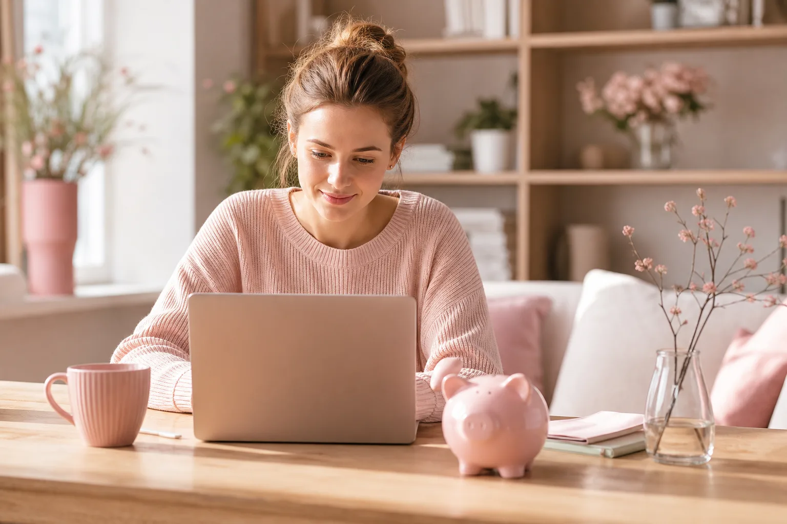 Femme consultant un comparatif de mutuelles santé économiques sur son ordinateur, avec ses documents de santé à côté.