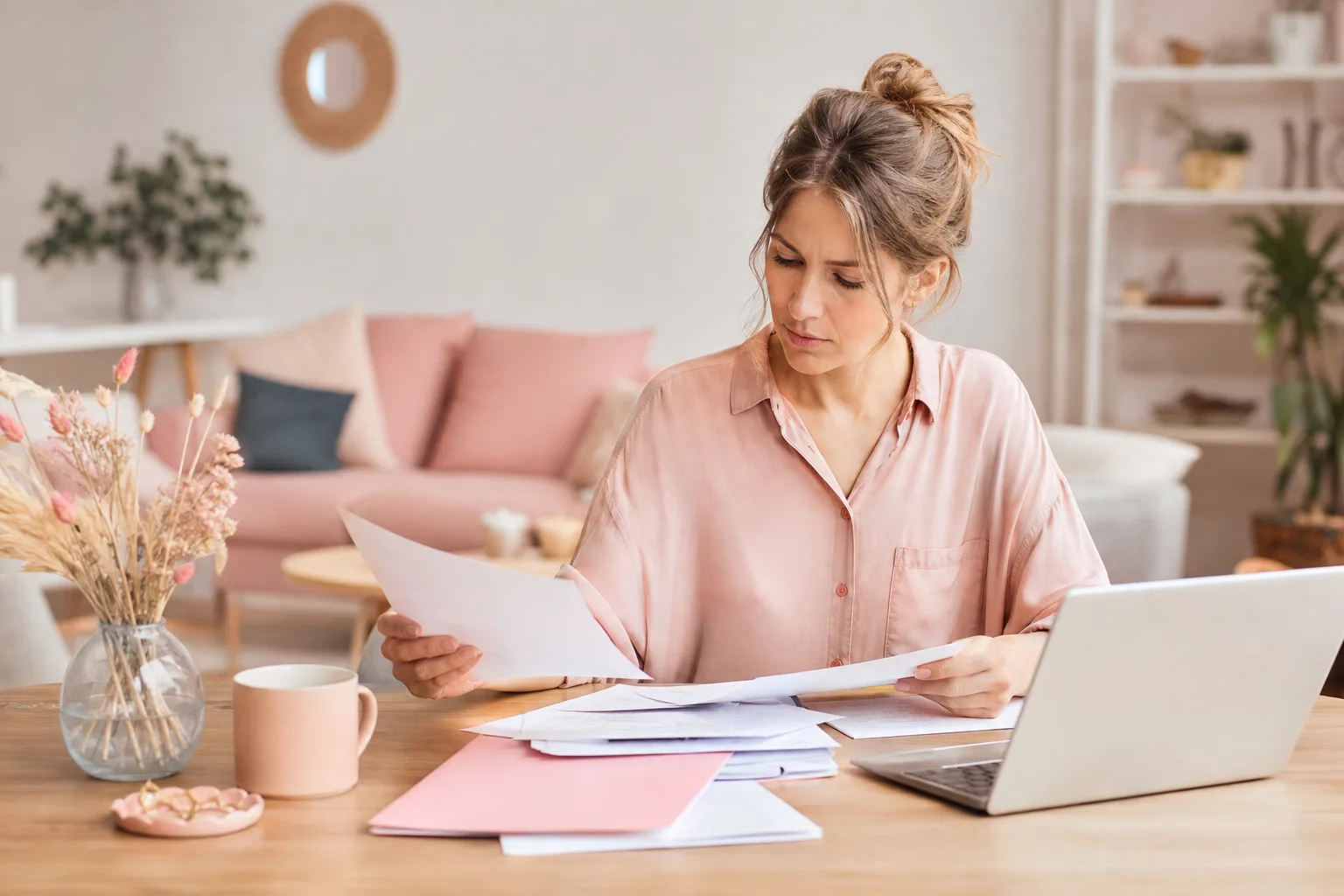 Femme de retour d’expatriation préparant ses documents de couverture santé et comparant des mutuelles en France.