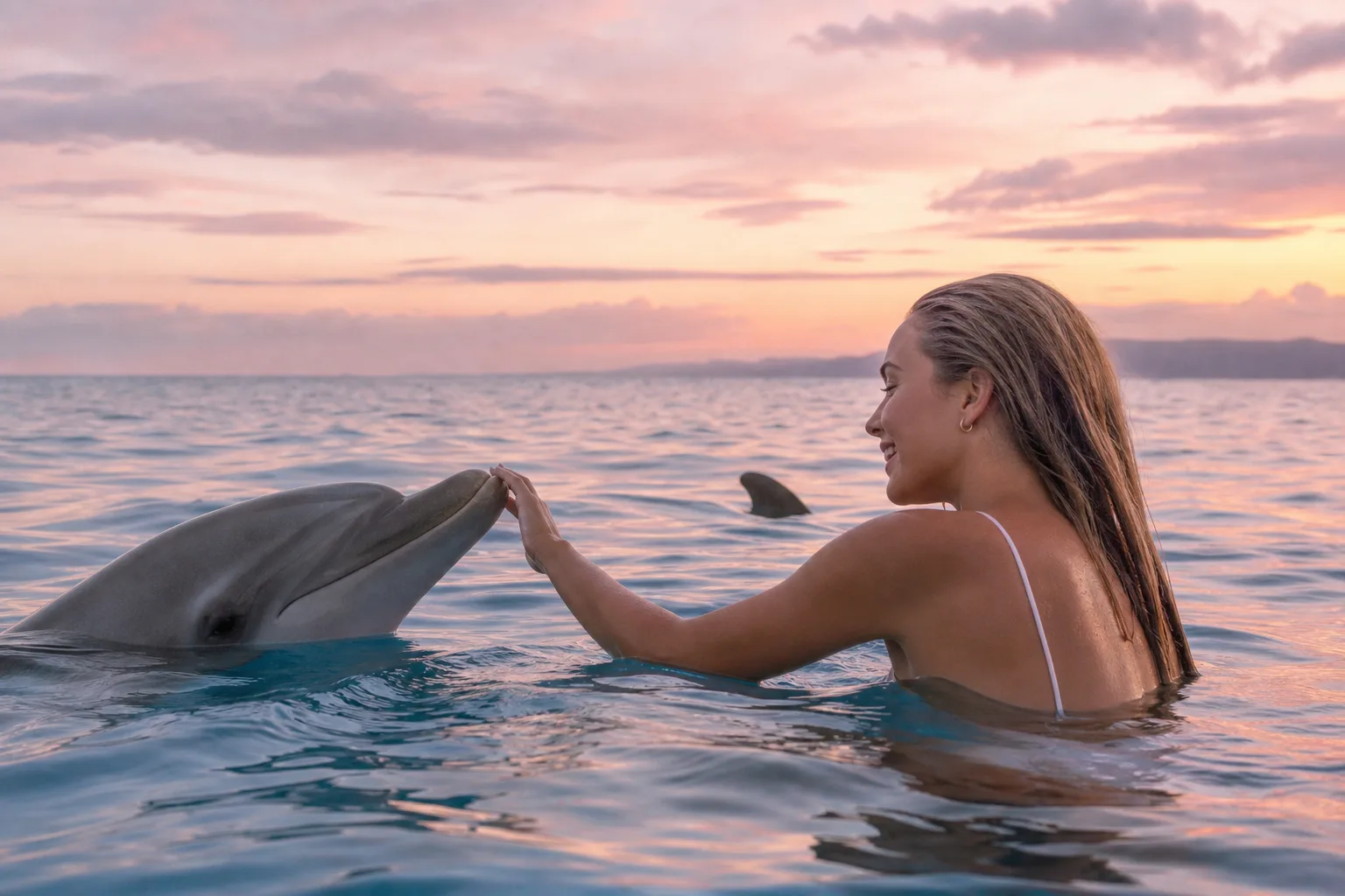 Un petit groupe de dauphins sauvages nage librement dans une eau bleue et limpide, observé à distance respectueuse par des snorkeleuses.