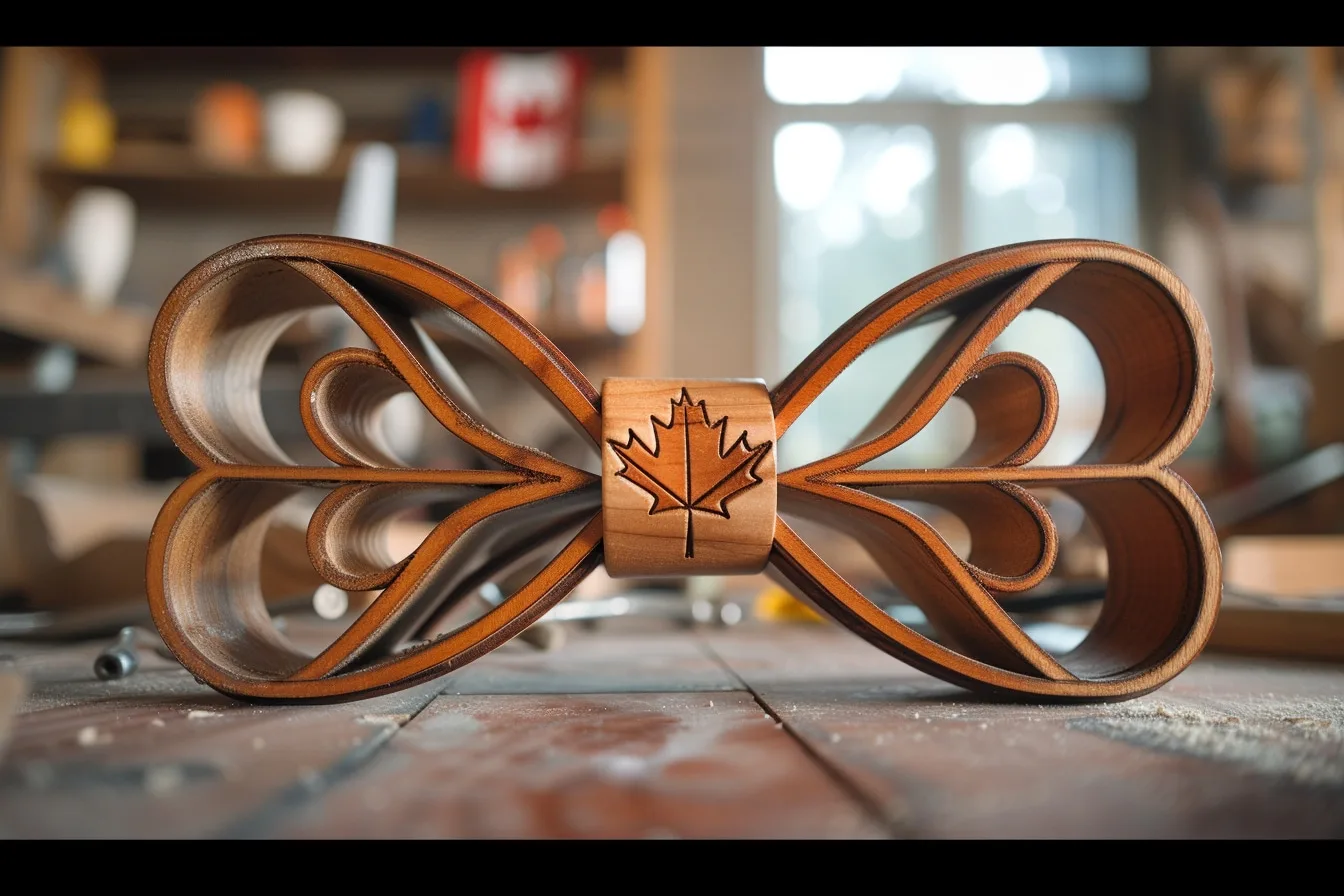 Noeud papillon en bois foncé avec bande centrale en tissu, porté avec une chemise blanche lors d’un événement élégant au Québec.