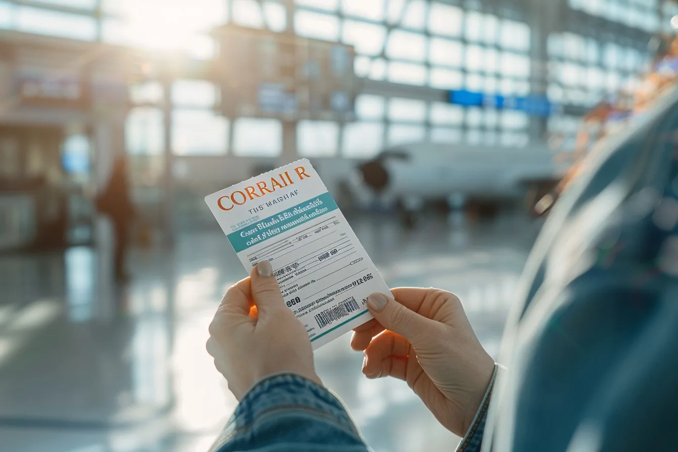 Voyageuse consultant sur son téléphone les démarches de remboursement de son billet d’avion Corsair.