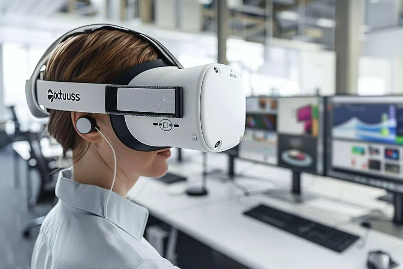 Administratrice informatique configurant plusieurs casques VR Meta Quest pour un déploiement professionnel.
