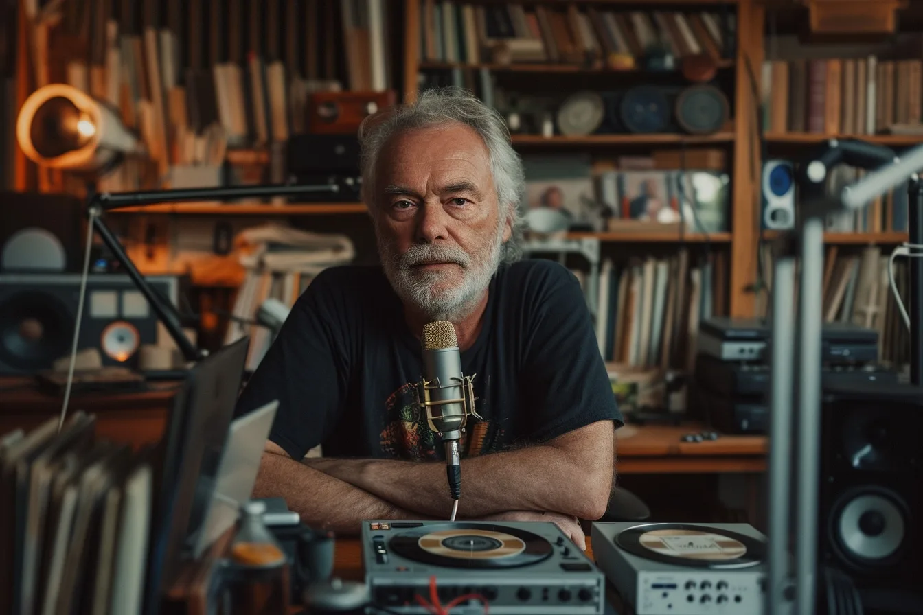 Olivier Bellamy au micro dans un studio de radio, illustration d’un départ de Radio Classique.
