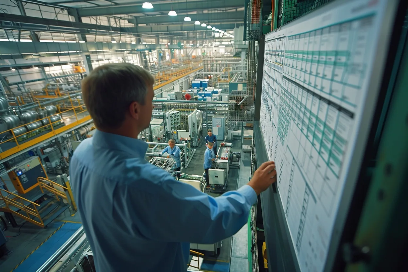 Responsable de production analysant un planning d’ordonnancement sur écran dans un atelier industriel organisé.