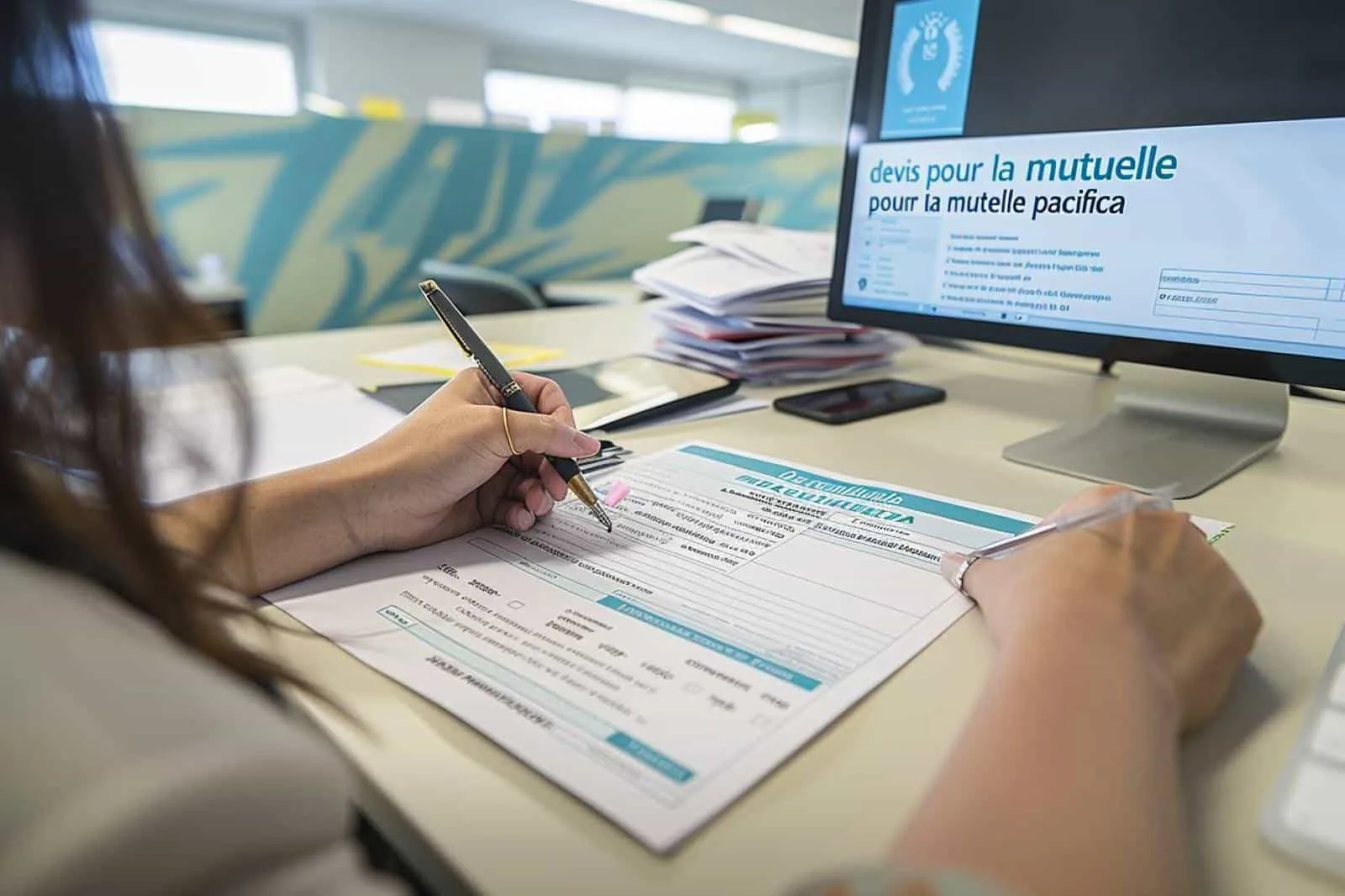 Femme consultant un devis de soins de santé et son espace client d’assurance sur un ordinateur portable.