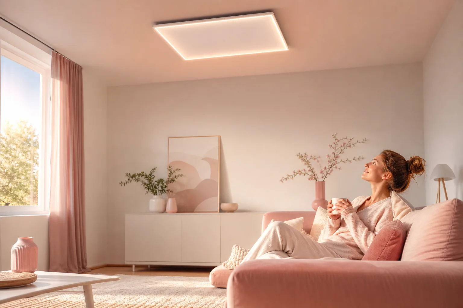 Panneau radiant lumineux à LED blanc installé au plafond d’un salon contemporain, diffusant une lumière douce et une chaleur infrarouge.