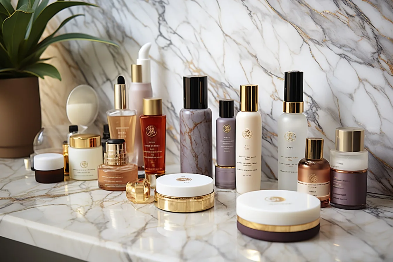Produits de parapharmacie pour une routine visage : nettoyant, sérum, crème hydratante et protection solaire.