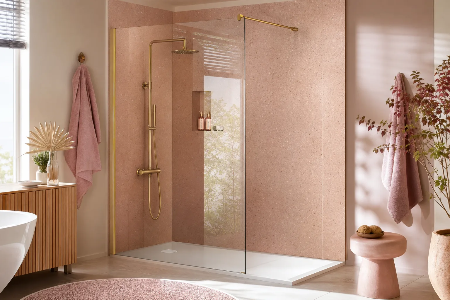 Paroi de douche en verre transparent avec profilé noir dans une salle de bains contemporaine.