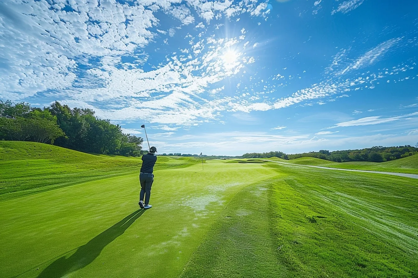Jeune femme sur un parcours de golf américain avec un sac de clubs, dans le cadre d’un séjour linguistique aux États-Unis.