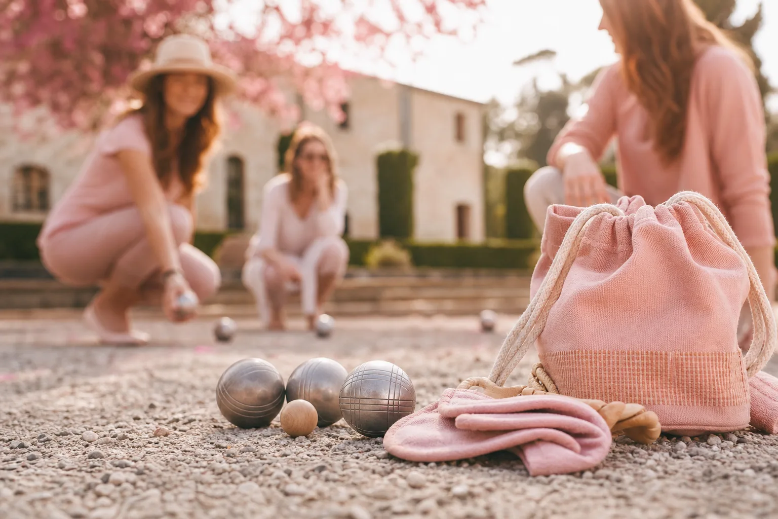 Jeu de trois boules de pétanque en métal, cochonnet et mètre ruban posés sur un terrain de gravier.
