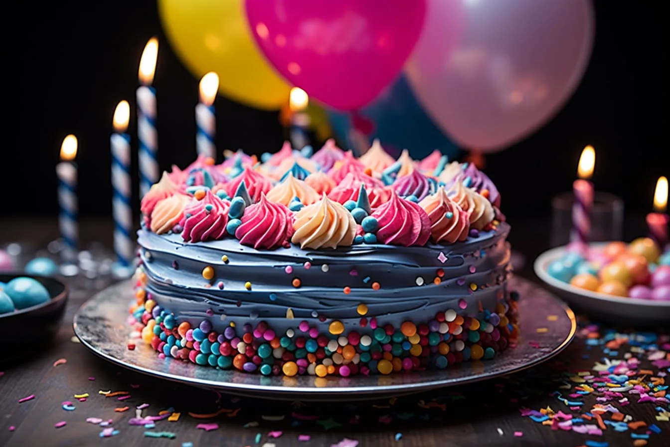 Table de fête d’anniversaire décorée avec confettis, ballons et accessoires festifs, dans une ambiance lumineuse et élégante.