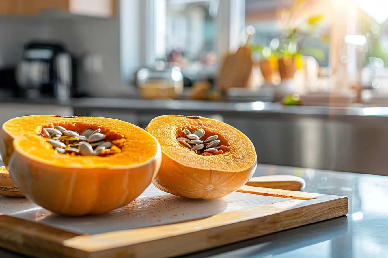 Cubes de courge crue sur une plaque, prêts à être congelés dans des sacs hermétiques.