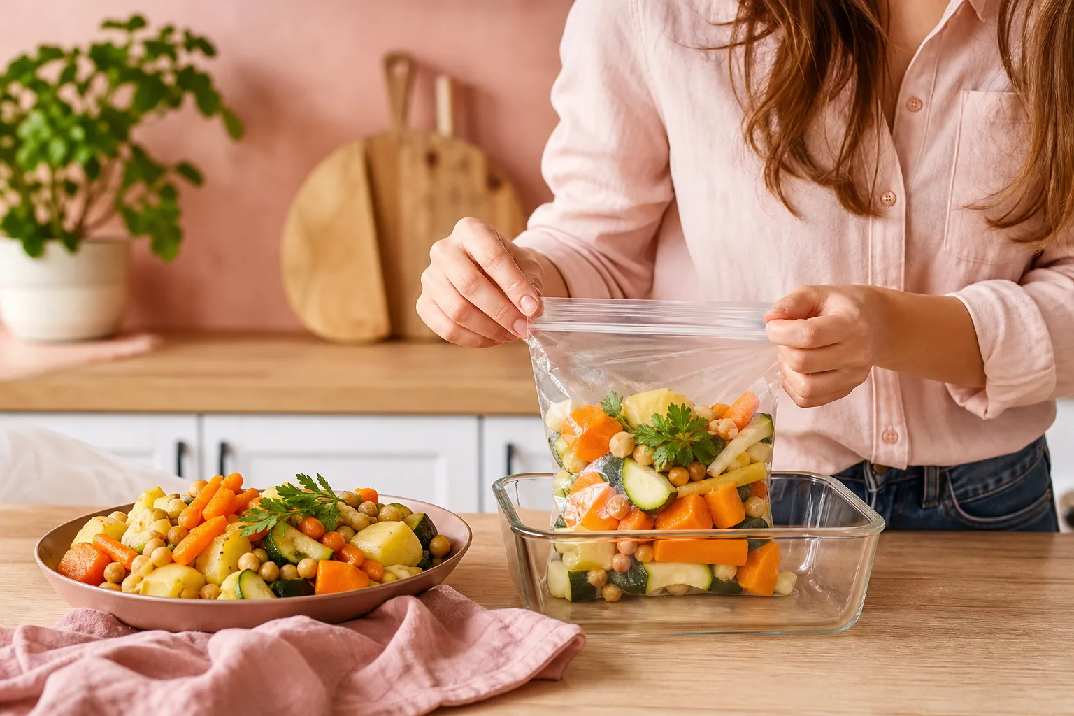 Portions de légumes du couscous cuits avec carottes, courgettes, navets et pois chiches prêtes à être congelées.