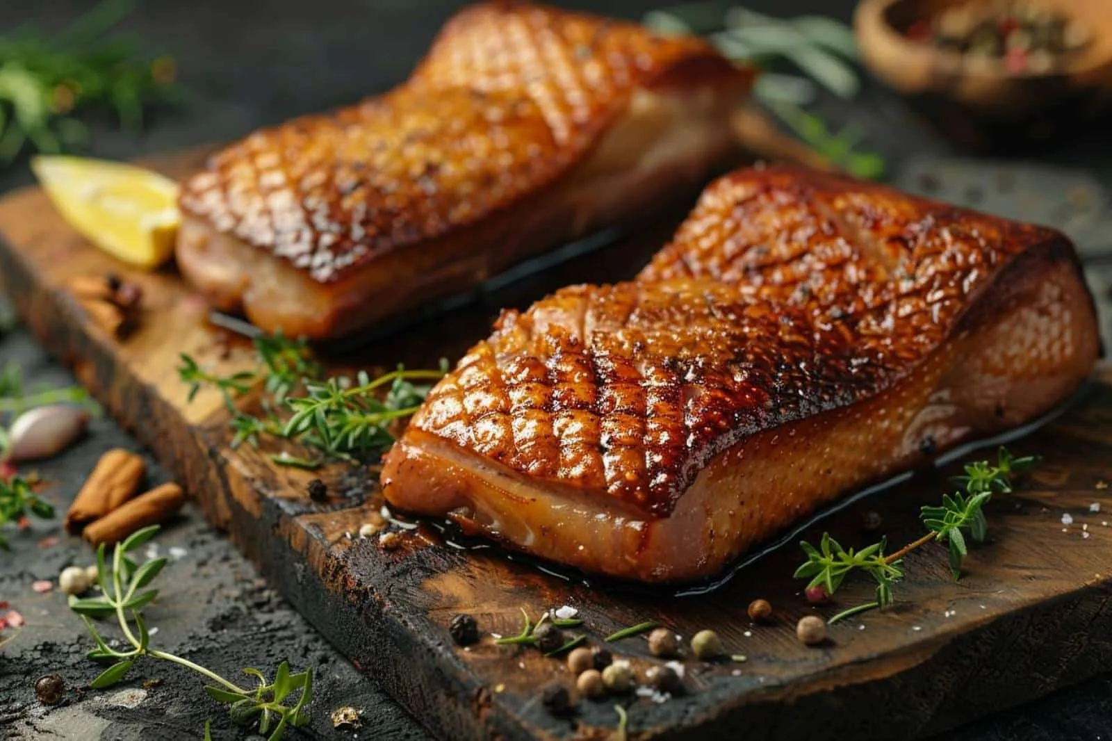 Magret de canard tranché sur une planche, prêt à être fumé avec des copeaux de bois et un thermomètre de cuisson.