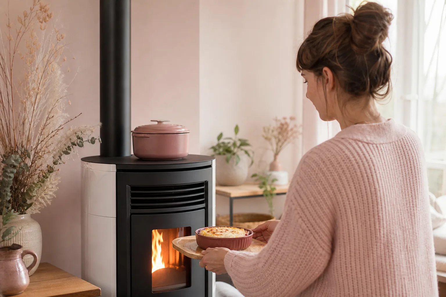 Poêle à granulés doté d'une plaque de cuisson, avec une cocotte posée sur le dessus dans une cuisine chaleureuse.