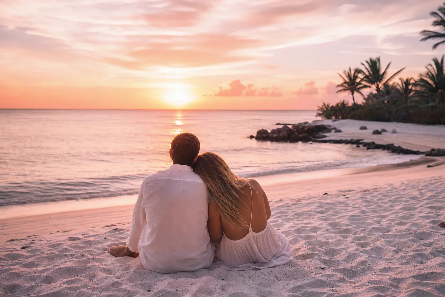 Couple en lune de miel marchant main dans la main sur une plage de sable blanc bordée d’une eau turquoise au coucher du soleil.