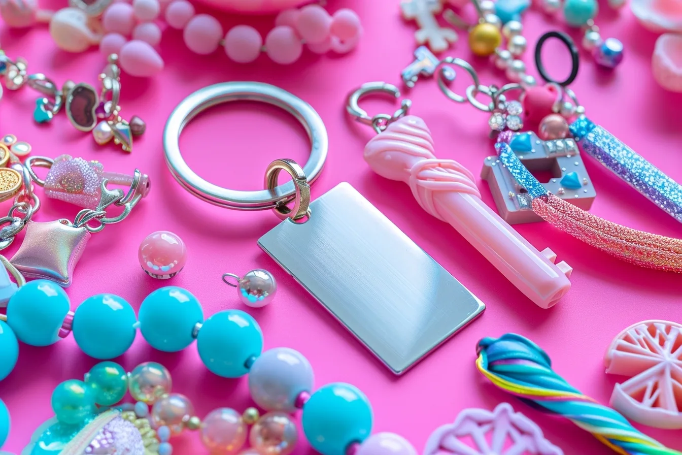 Porte-clé personnalisé en cuir gravé, anneau métallique et petite breloque posés sur une table claire.