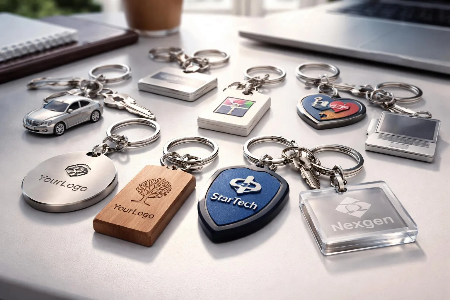 Assortiment de porte-clés publicitaires personnalisés en métal, bois, plastique recyclé et PVC, avec logos et formes originales.