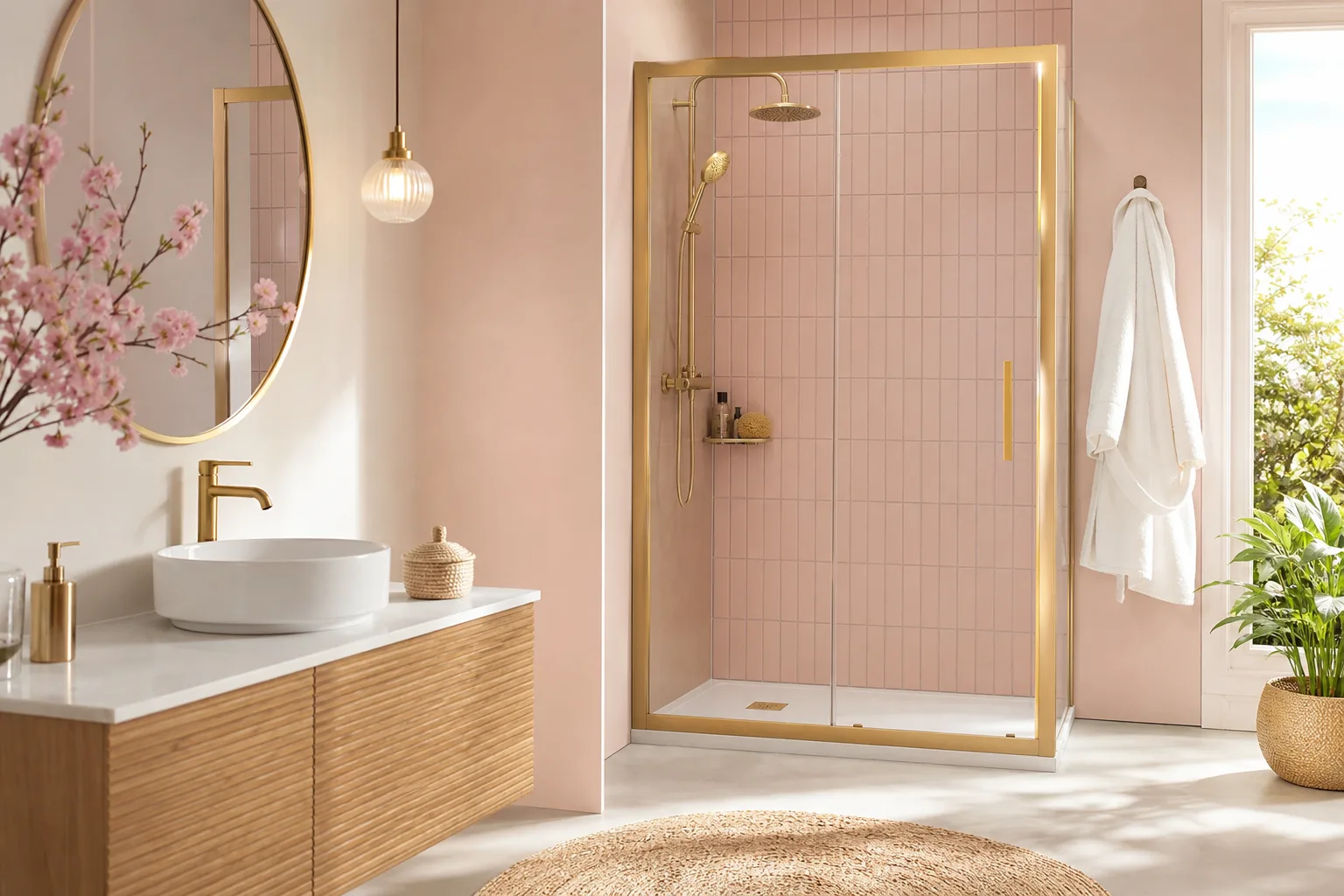 Porte de douche en verre transparent à profilé noir installée sur un receveur blanc dans une salle de bains lumineuse.