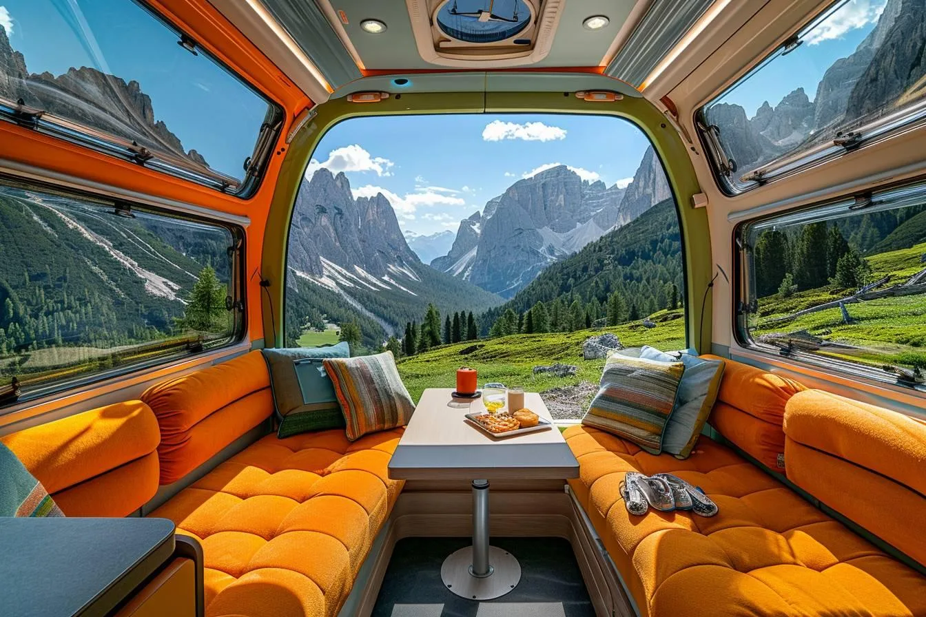 Fourgon aménagé Pössl stationné face à un paysage de montagne pour une escapade en camping-car.