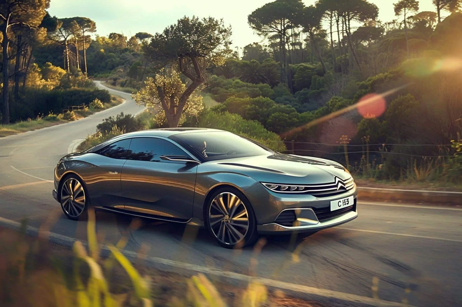 Citroën C5 X gris clair stationnée sur une route de campagne, illustrant le confort et l’élégance d’une familiale routière.