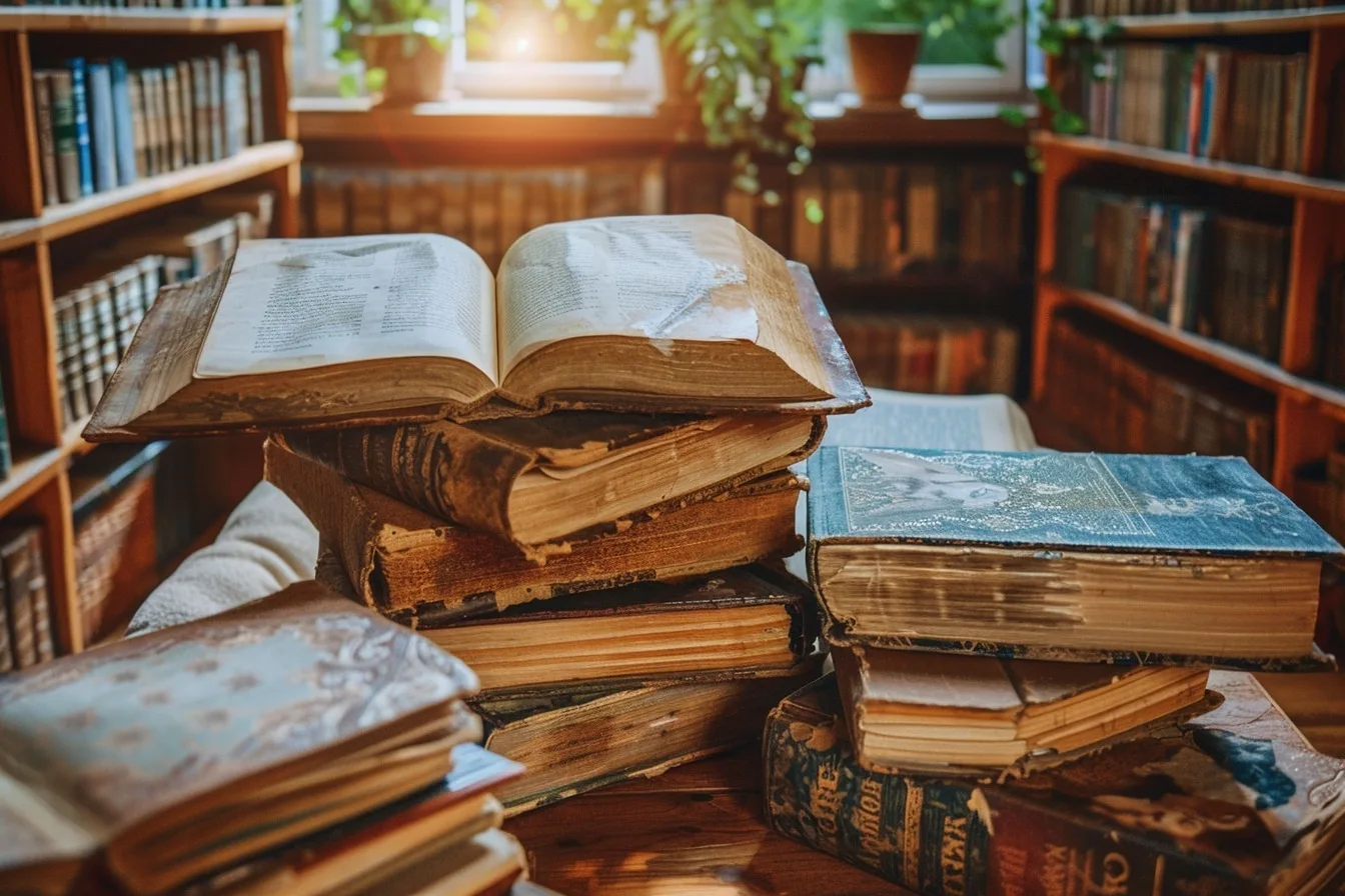 Pile de vieux livres variés triés sur une table avant leur mise en vente.