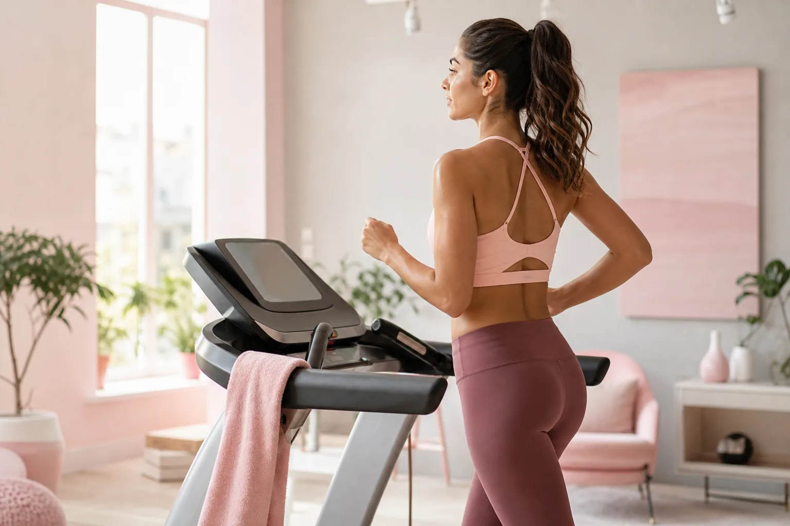 Femme en tenue de sport courant sur un chemin en plein air pendant une séance de cardio.