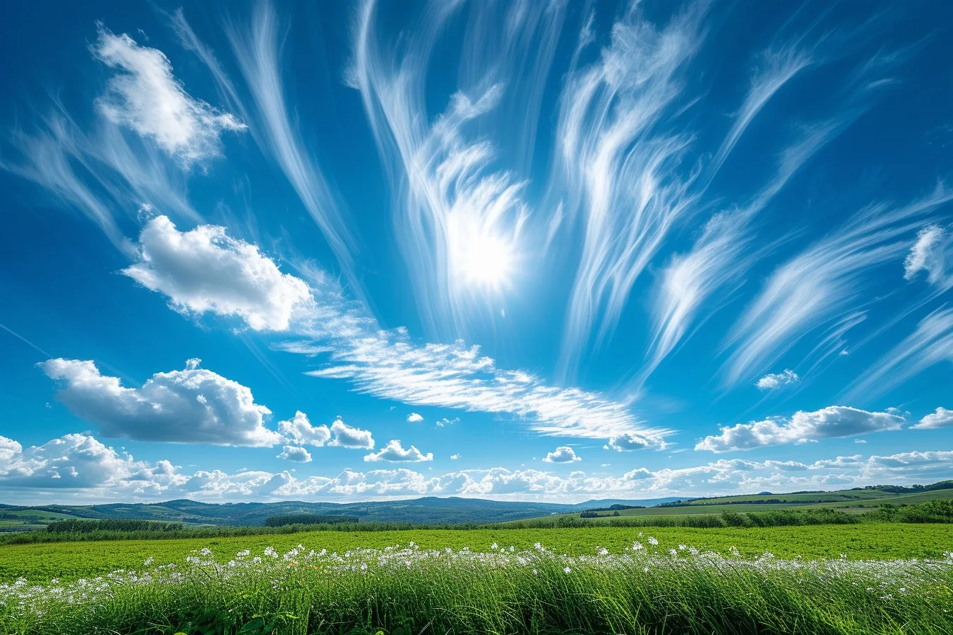 Ciel bleu lumineux parsemé de quelques nuages blancs au-dessus d’un paysage, illustrant la diffusion de la lumière dans l’atmosphère.