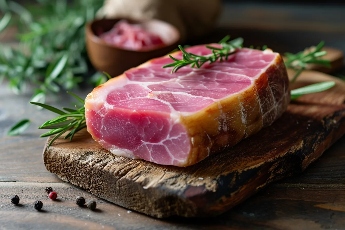 Tranches de jambon cuit rose présentées sur une planche avec une étiquette alimentaire à côté.