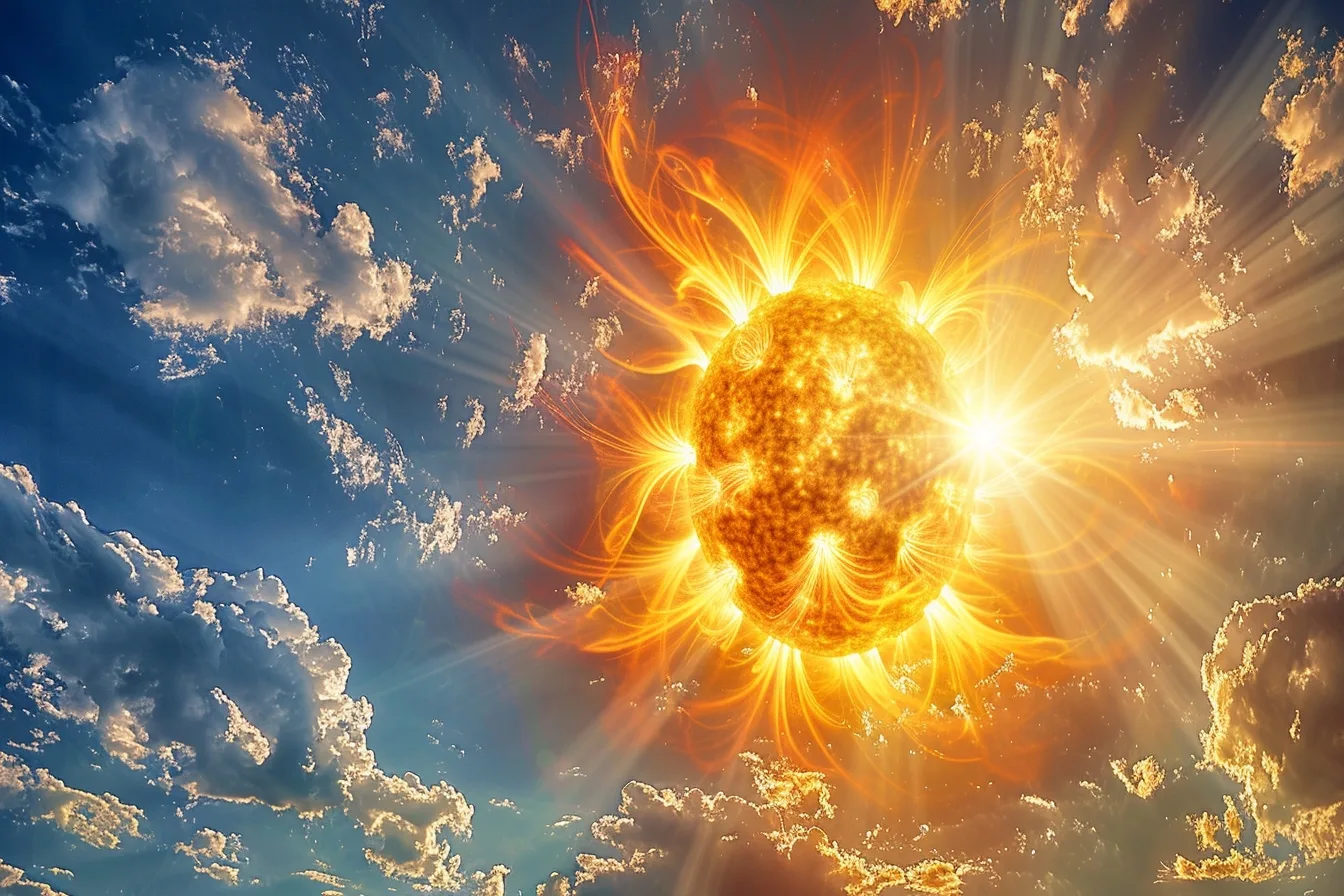 Disque solaire jaune pâle dans un ciel bleu, illustrant l’effet de l’atmosphère sur la couleur perçue du Soleil.