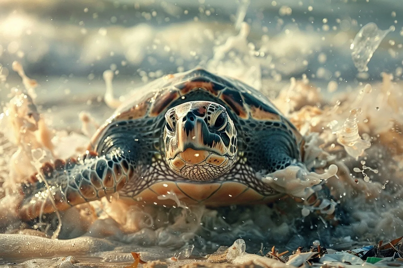 Tortue marine nageant près de la surface dans une eau claire, symbole de la protection des océans.