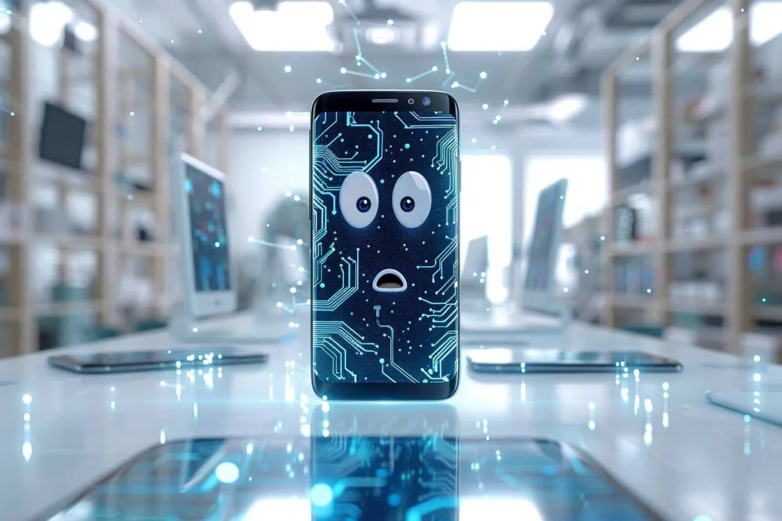 Smartphone Samsung affichant un redémarrage automatique sur un écran sombre, posé près d’un chargeur.