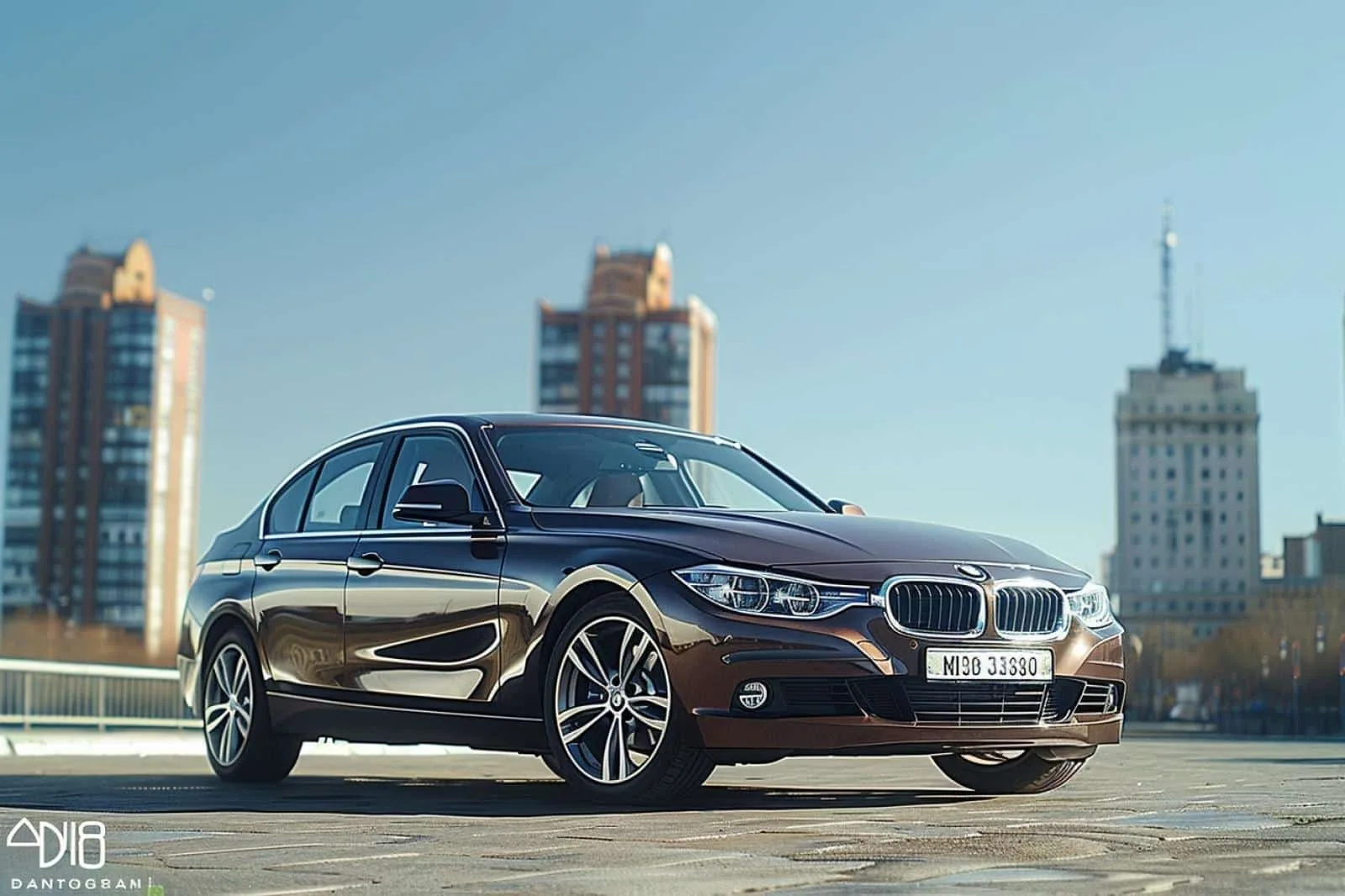 BMW Série 3 318i grise stationnée en ville, vue trois-quarts avant