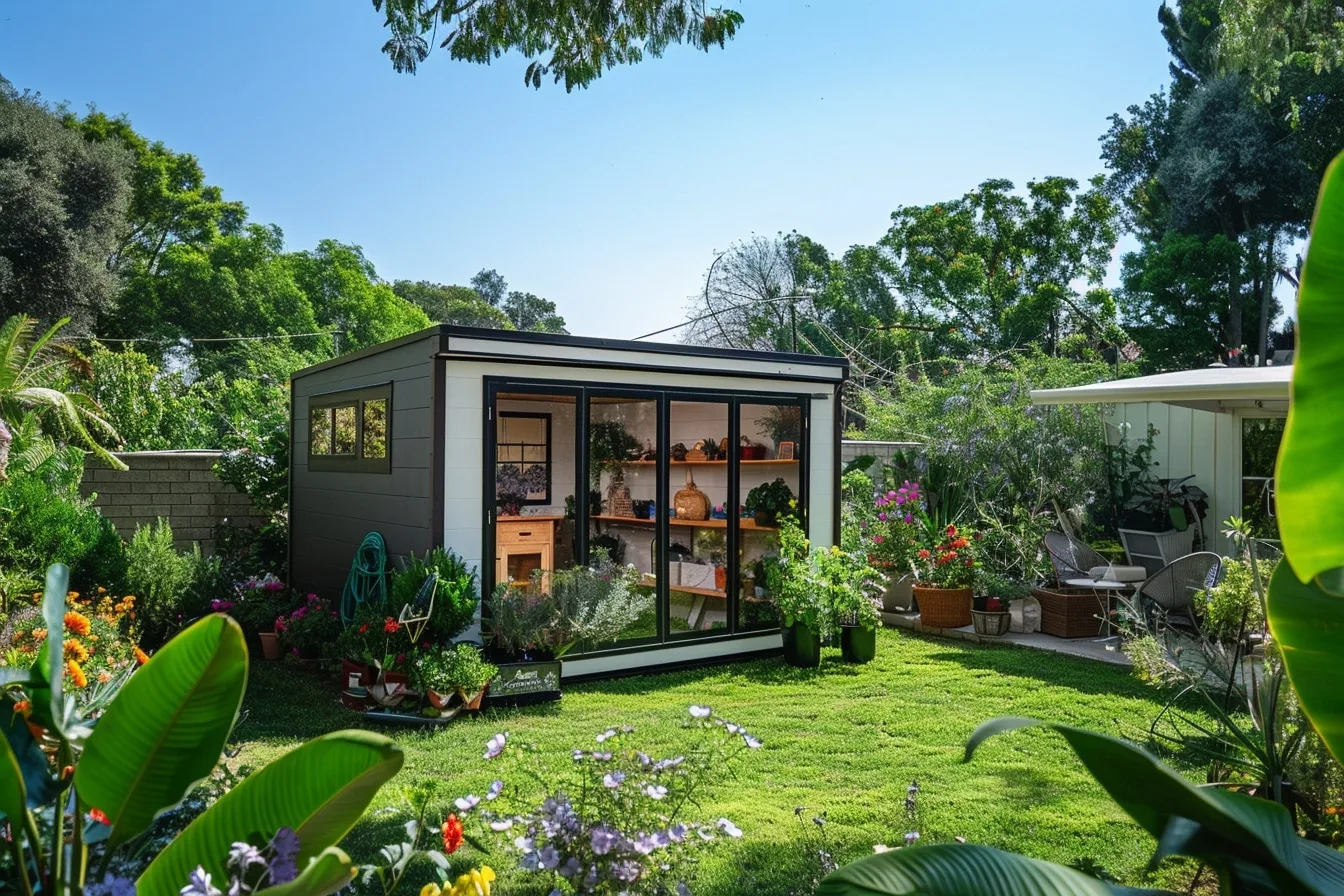 Abri de jardin en résine gris installé dans un jardin aménagé, avec porte double et rangement extérieur.