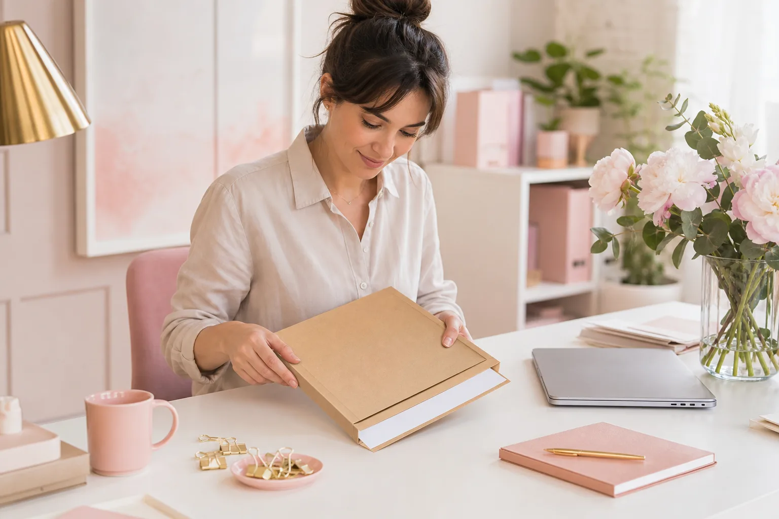 Enveloppes cartonnées de différents formats avec documents et étiquette d’expédition sur un bureau clair.