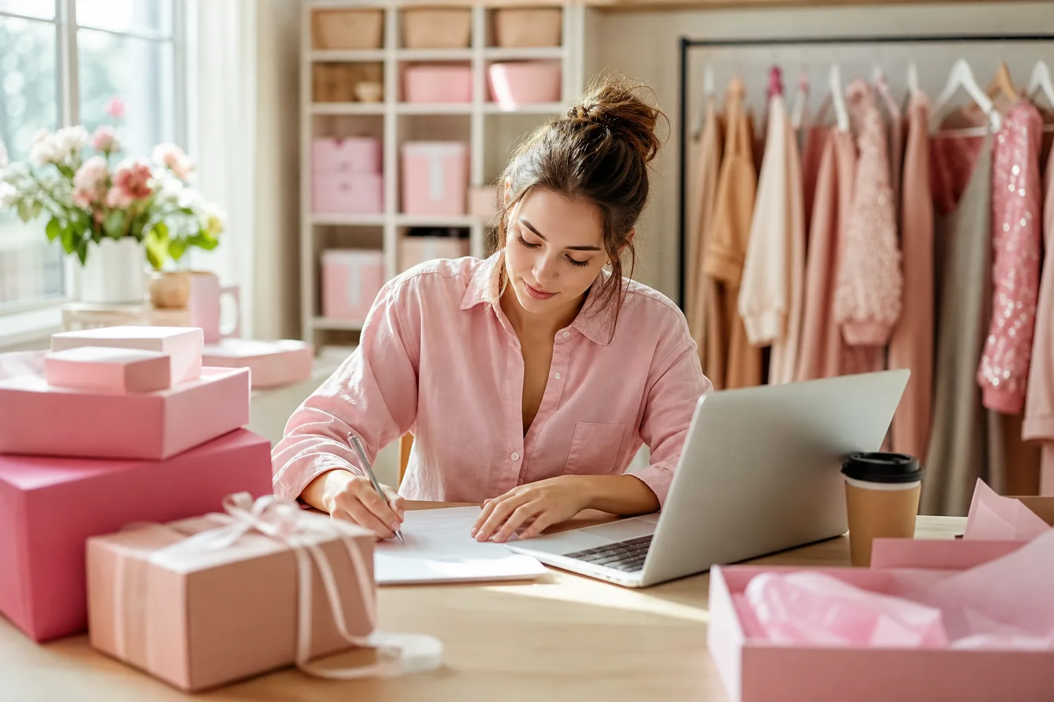Préparation soignée d’une commande e-commerce TikTok Shop avec smartphone, emballage et étiquette d’expédition.