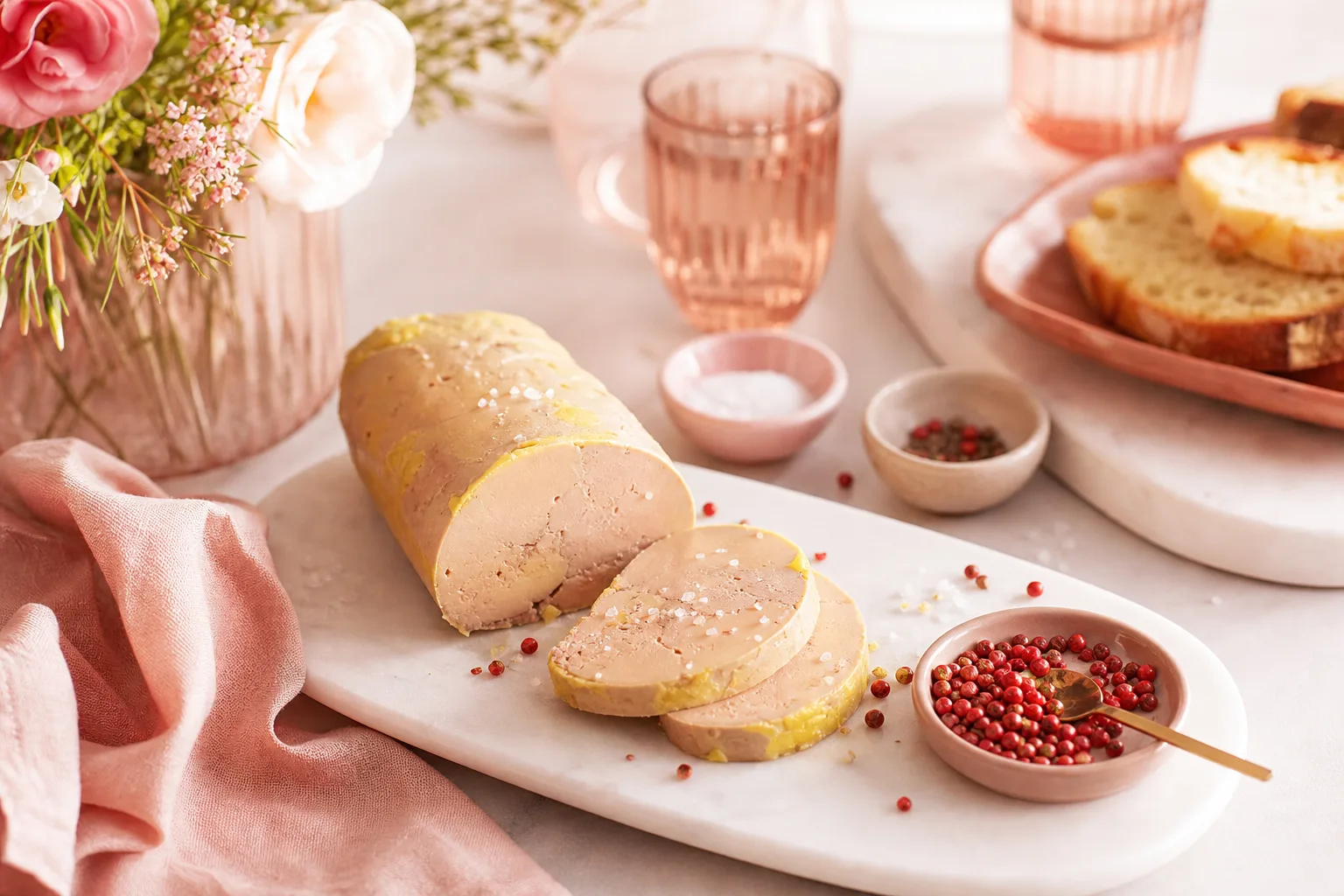 Terrine de foie gras maison tranchée, servie avec du pain de campagne grillé et une cuillère de chutney.