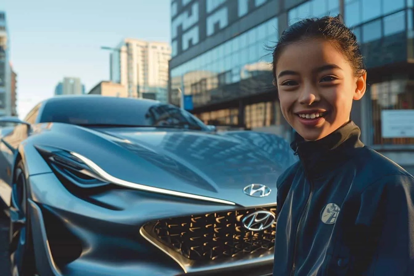 Jeune conductrice devant une Hyundai citadine, consultant un devis d’assurance automobile sur son téléphone.