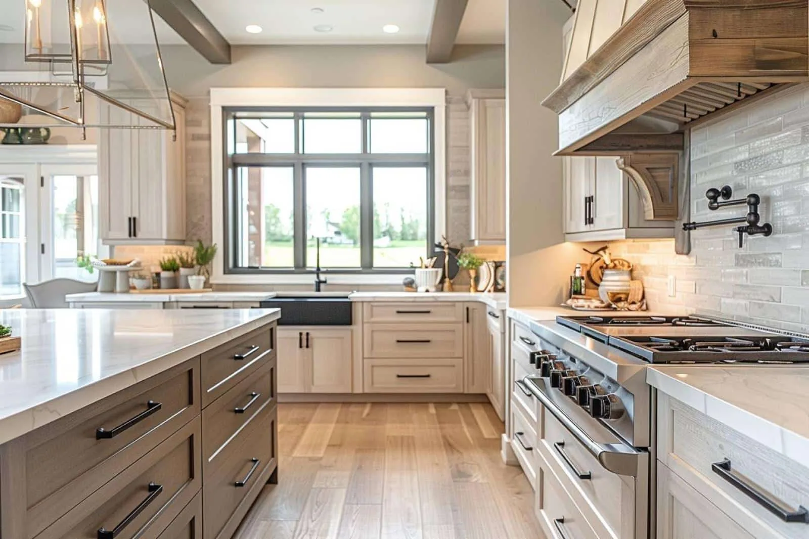 Cuisine contemporaine sur mesure en bois clair, avec grand plan de travail et rangements fabriqués par un menuisier.