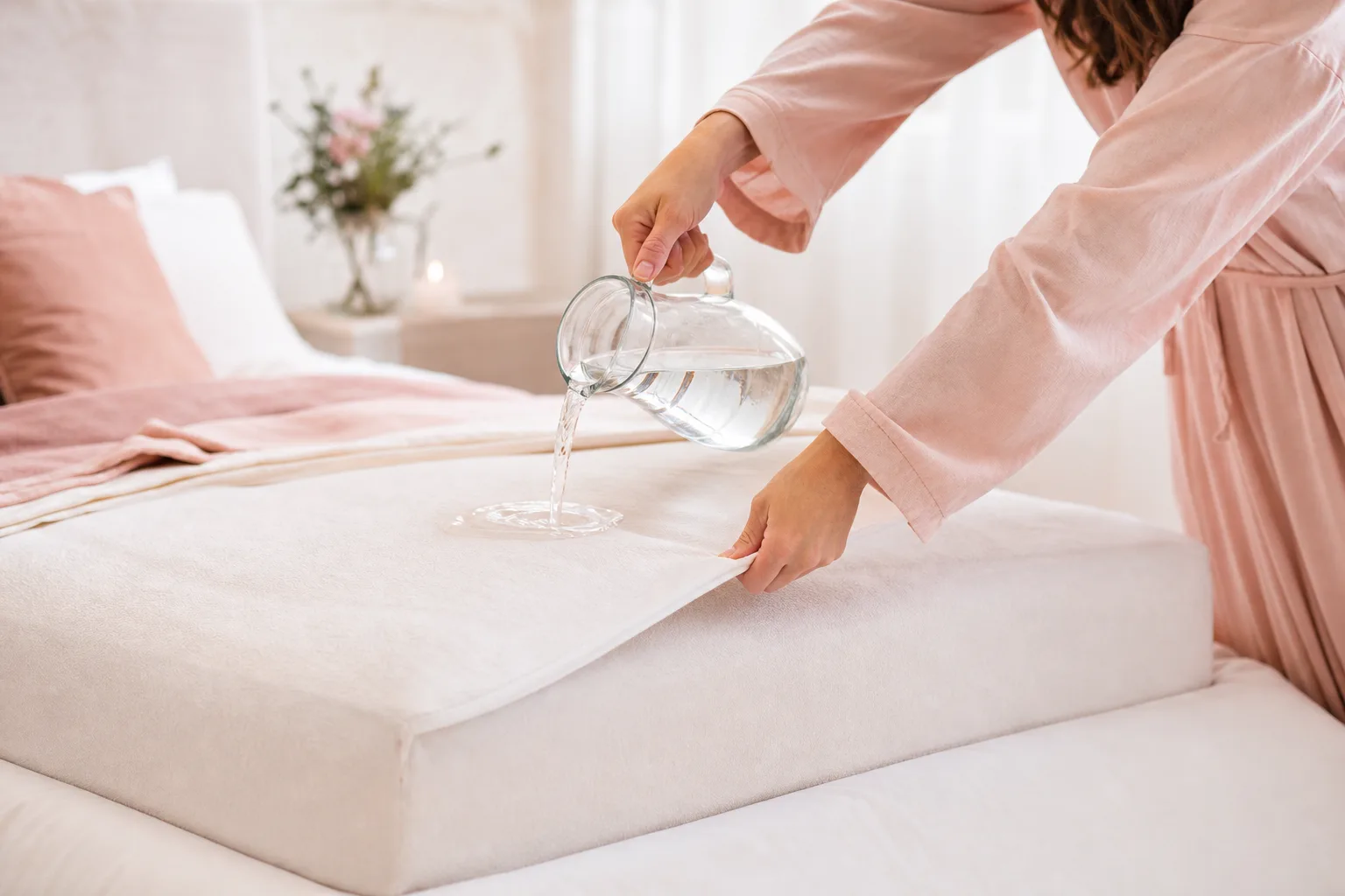 Protège-matelas en coton et laine naturelle posé sur un lit dans une chambre lumineuse et douce.