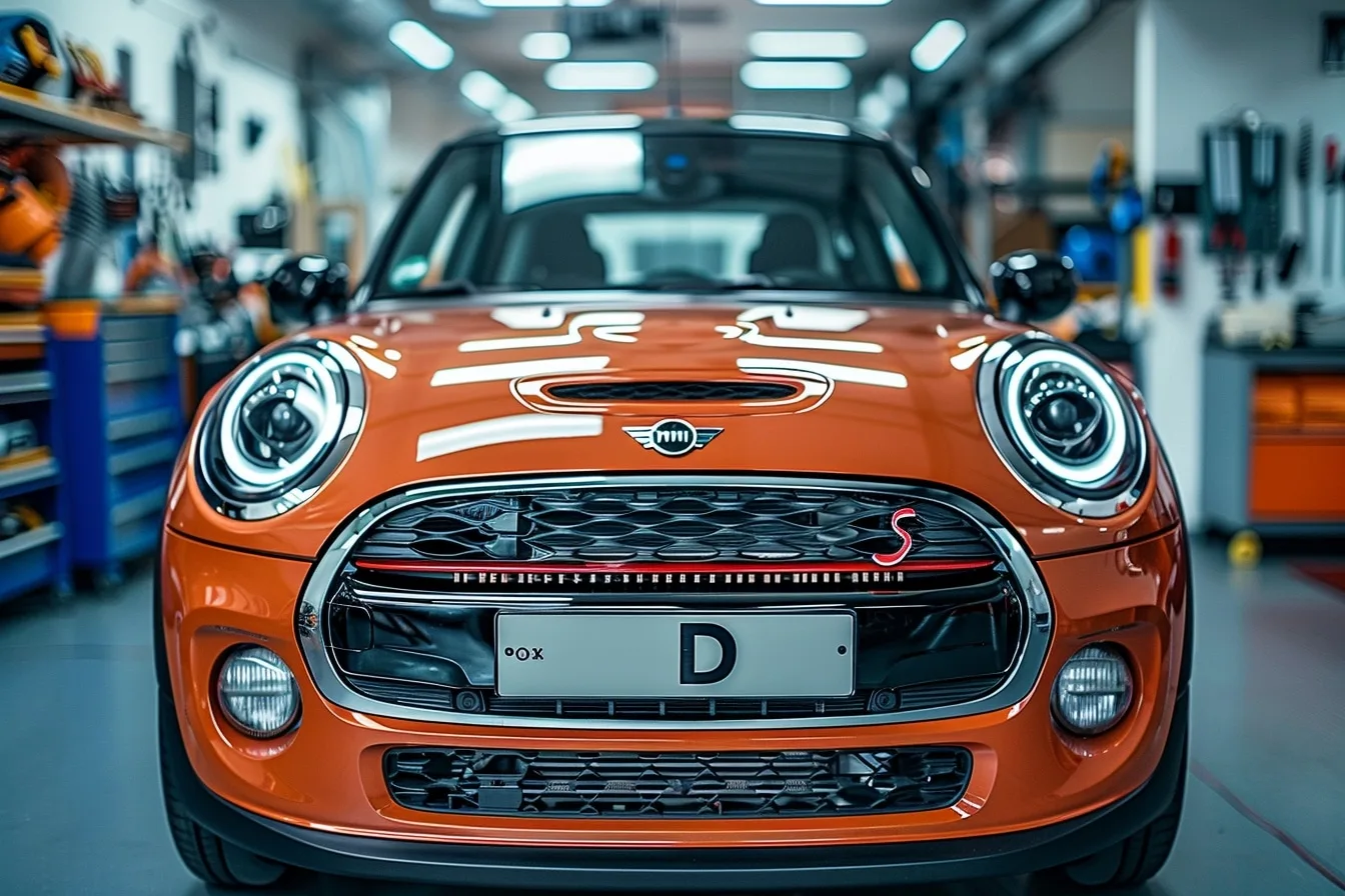 Mécanicien vérifiant le système de distribution d’une MINI One D dans un atelier automobile.