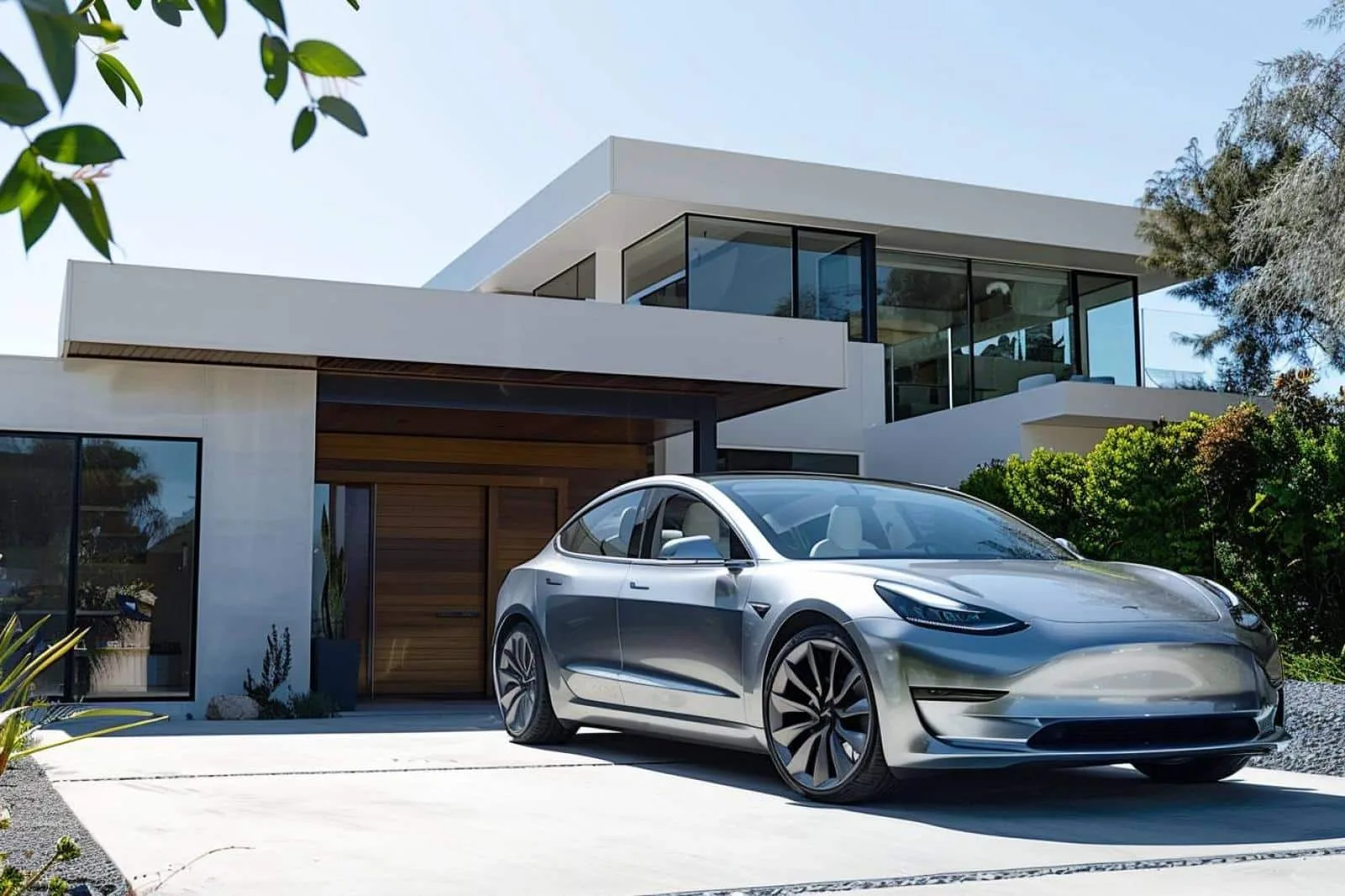 Tesla Model 3 blanche stationnée devant une maison équipée d’une borne de recharge électrique.