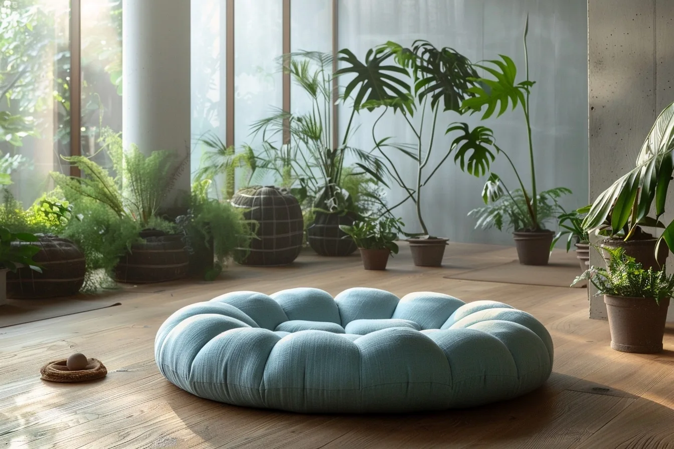 Coussin de méditation rond en tissu naturel posé sur un tapis, dans un espace calme et lumineux.
