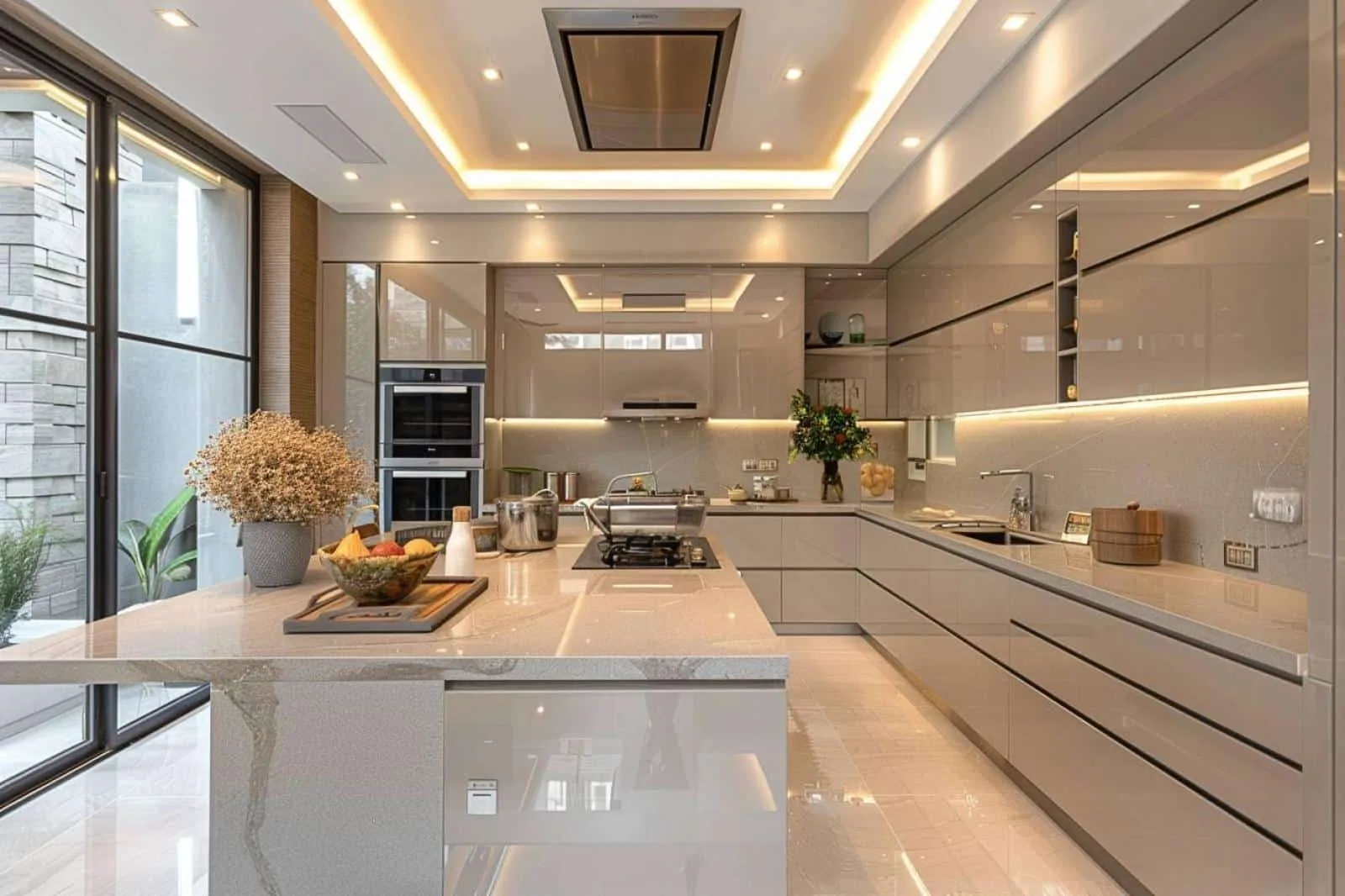 Cuisine contemporaine équipée avec meubles, plan de travail, électroménager encastré et pose finalisée.