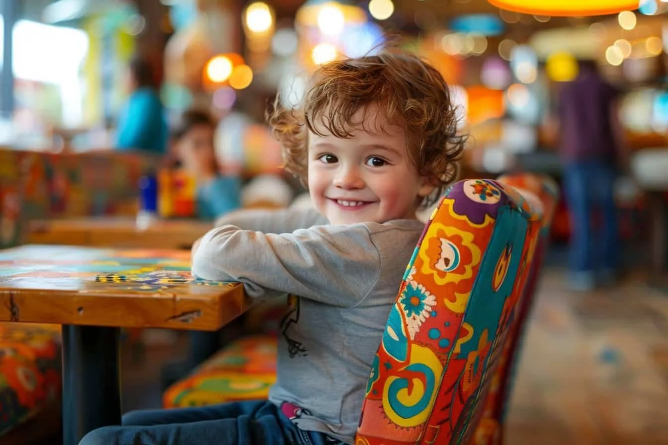 Espace repas familial dans un restaurant avec chaises hautes en bois, table enfant et mobilier facile à nettoyer.